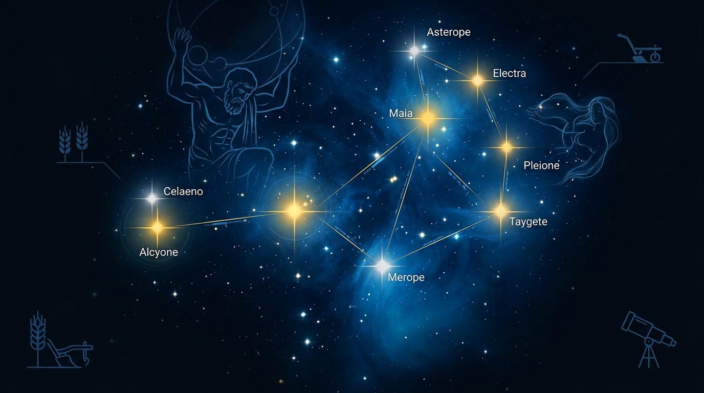 Représentation artistique de l'amas des Pléiades dans le ciel nocturne étoilé