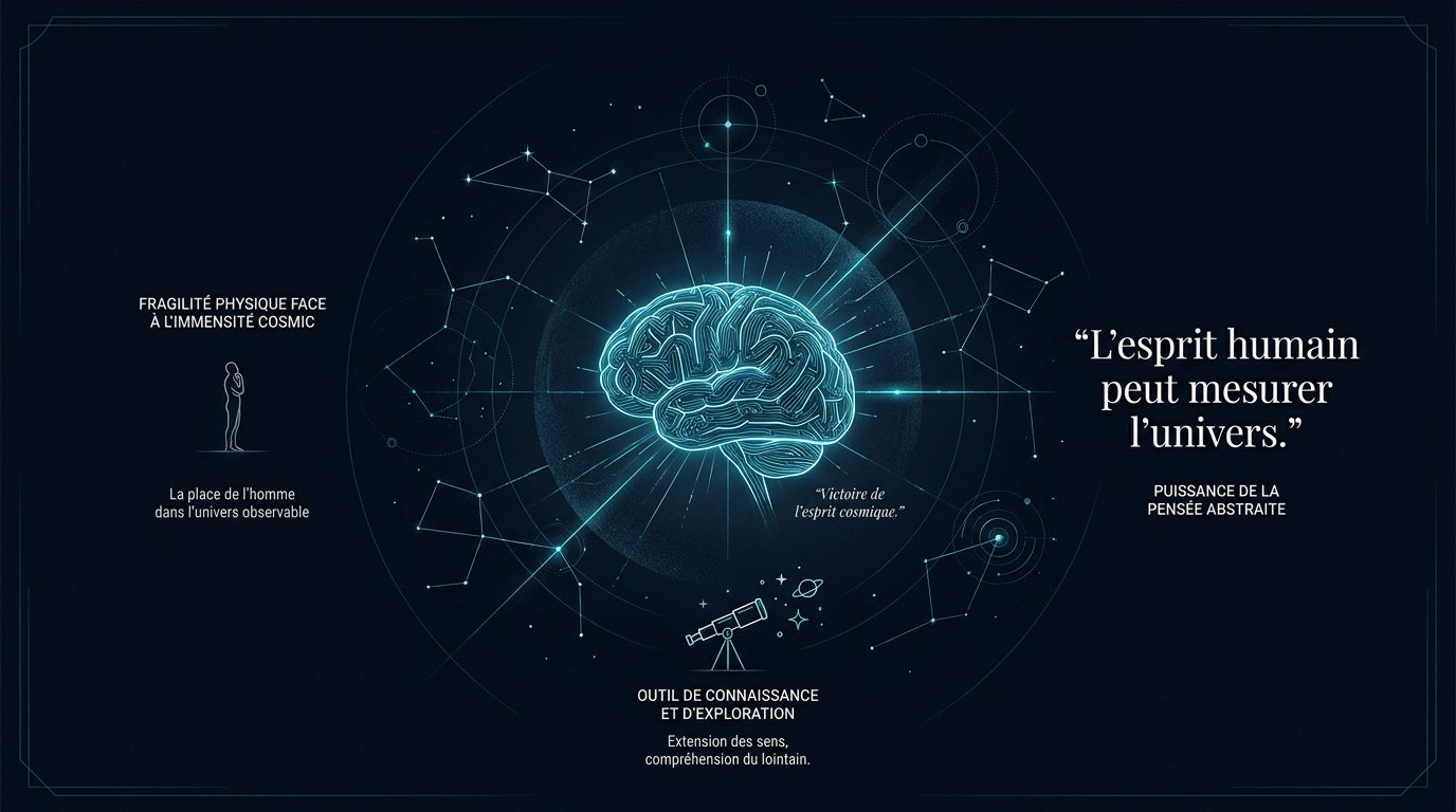 Représentation de l'esprit humain contemplant l'immensité des galaxies et des nébuleuses